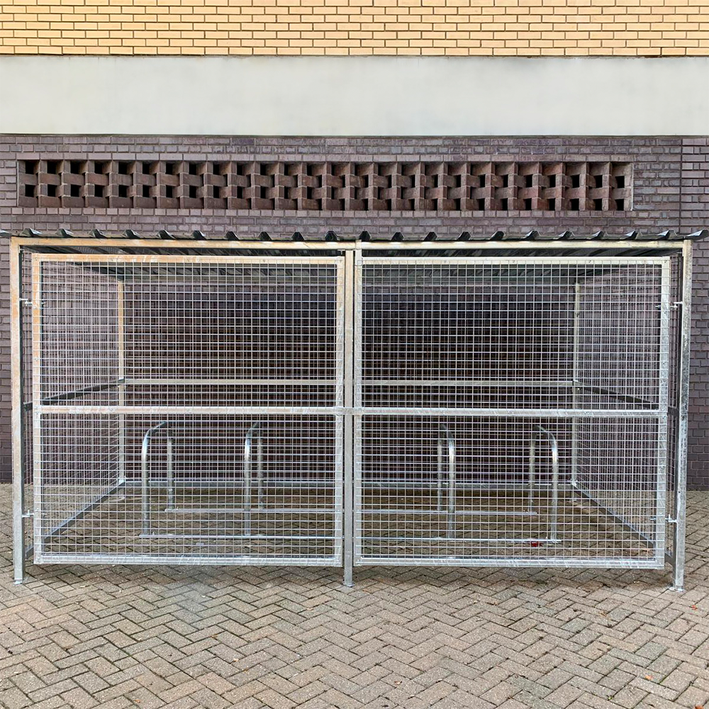 10 space cycle shelter outside with mesh fencing with toastrack installed