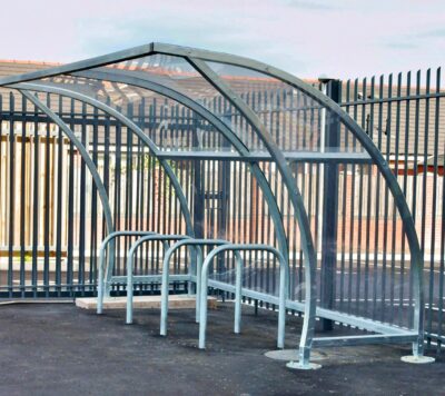 10 space moon cycle shelter with galvanised sheffield cycle stands