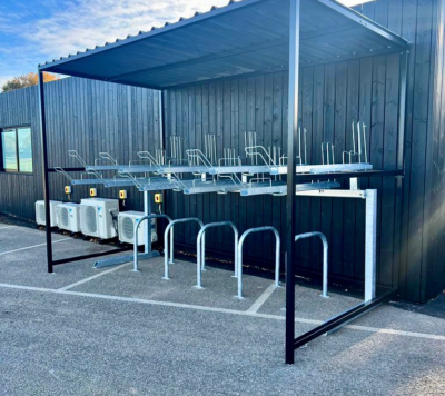 black galvanised 20 space Cambridge two tier cycle shelter