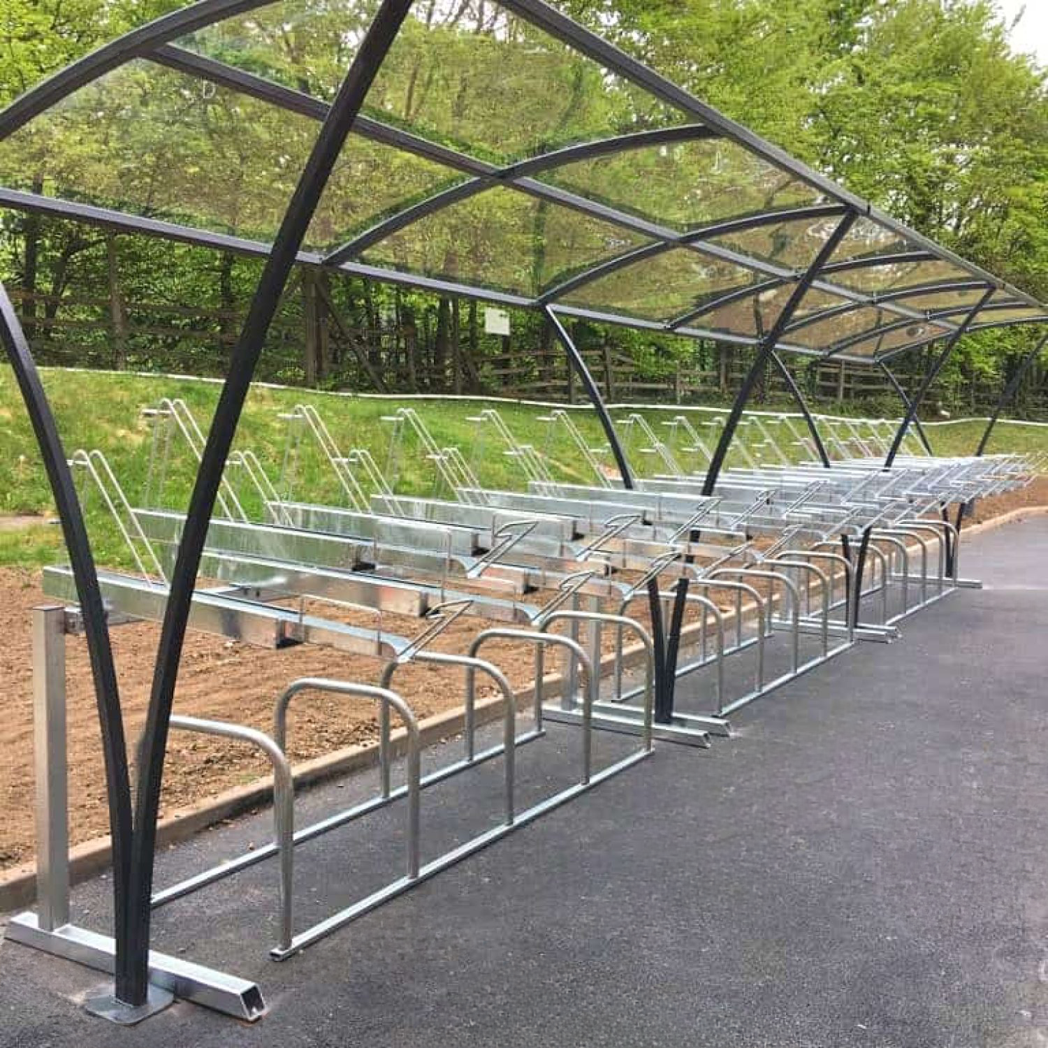 20 space Chelsea two tier cycle shelter and galvanised Sheffield stands