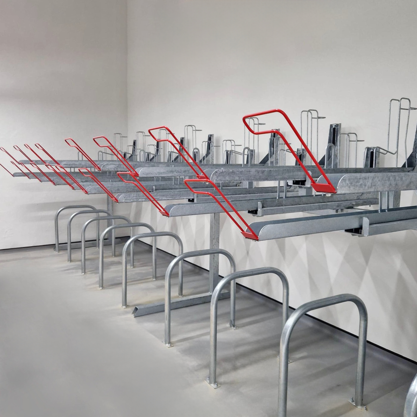 gas assisted two tier bike rack with red galvanised handles