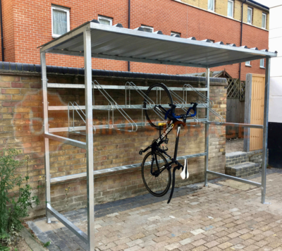 8 space vertical bike hanger shelter with bike secured