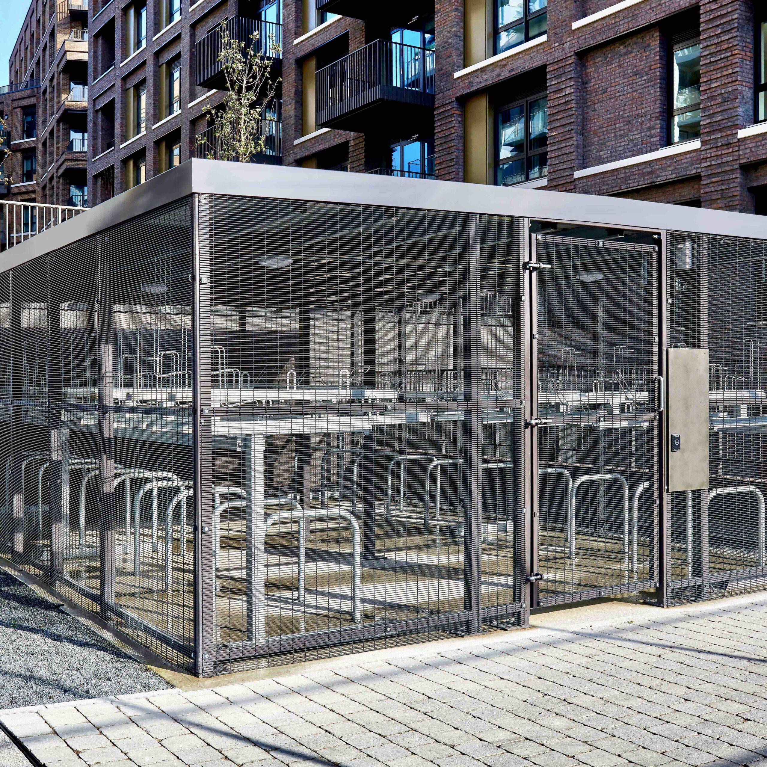 exterior of premium metal mesh bike storage shelter