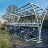 20 space Chelsea two-tier cycle shelter with red RAL handles