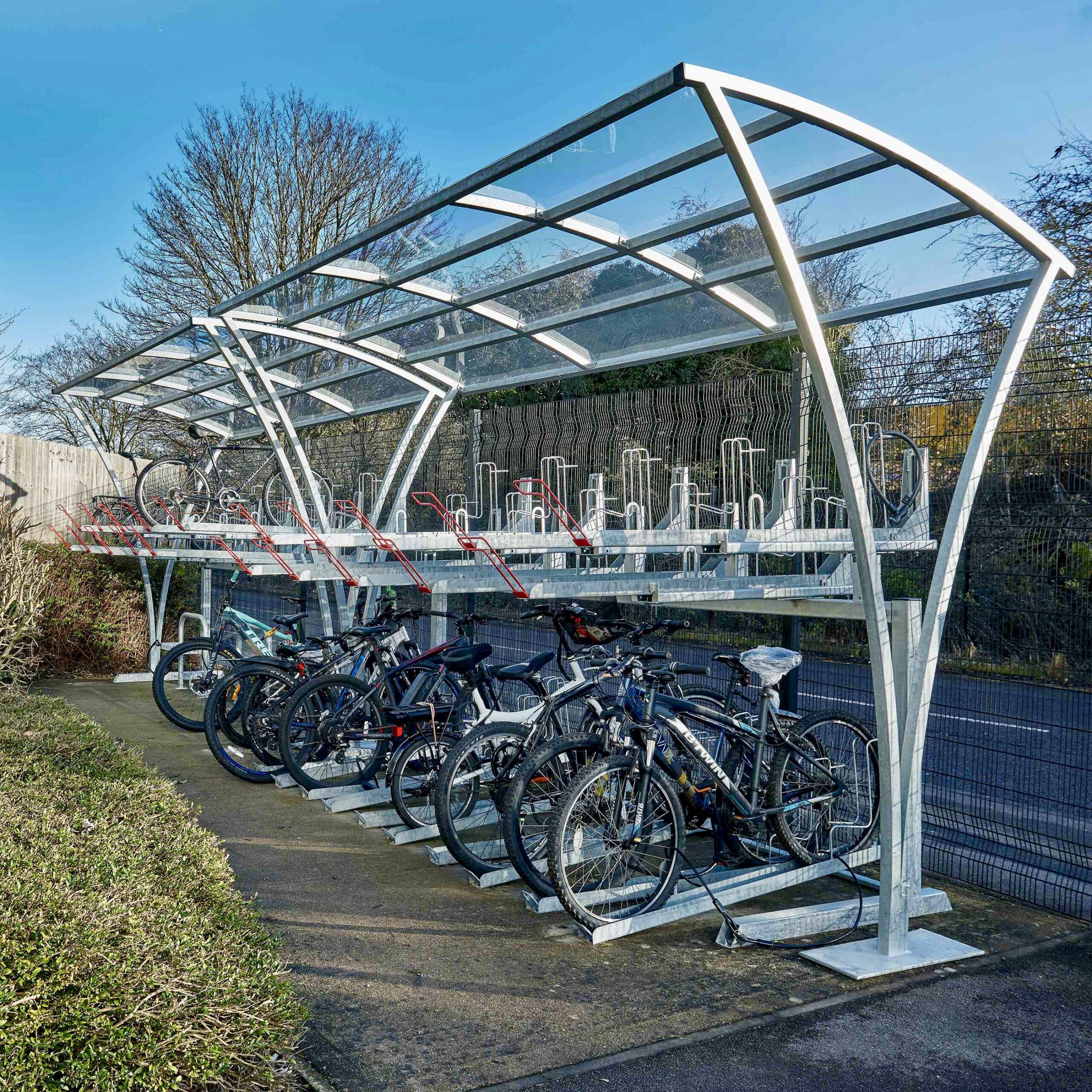 20 space Chelsea two-tier cycle shelter with red RAL handles