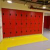 A row of red Islington lockers