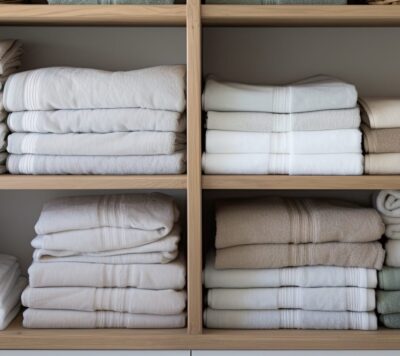 The linen cupboard shelves in this eco friendly storage solution are neatly folded and organised.