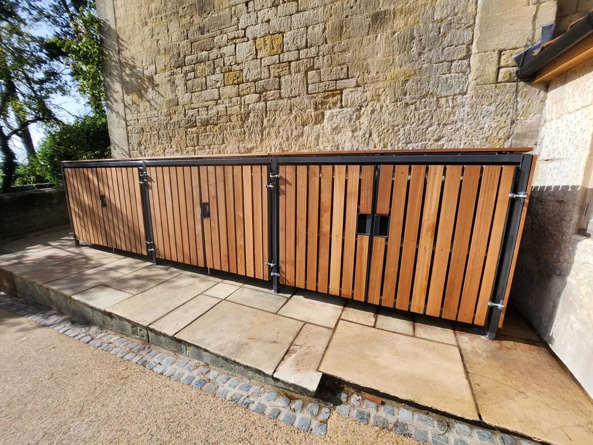 wood cladding premium amazon eco cycle locker outside on a residential property