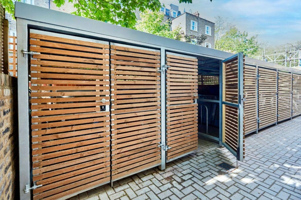 Bespoke Amazon Bike Storage and Bin Store with sedum roofing installed in residential property