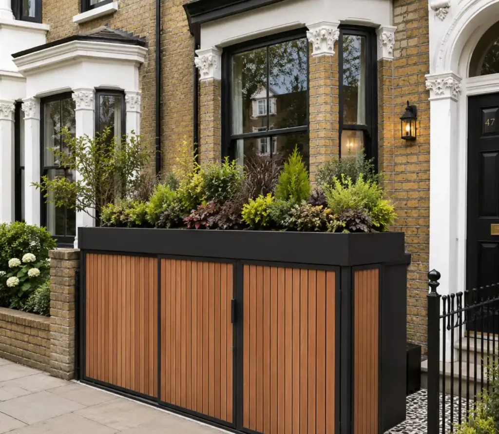 Cycle Mews bike and bin store replacing a front garden wall on a London terrace