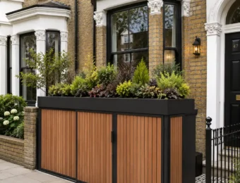 Cycle Mews bike and bin store replacing a front garden wall on a London terrace