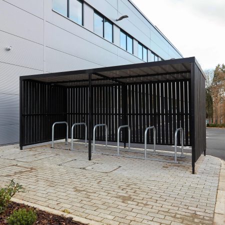 10 Space Amazon Eco Shelter Eco Shelter with black timber cladding and Sheffield cycle stands