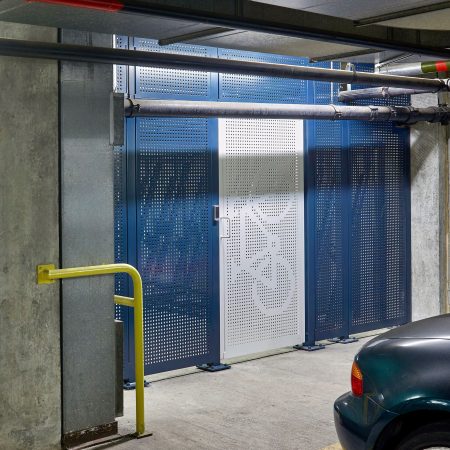 blue and white perforated mesh with cycle motif