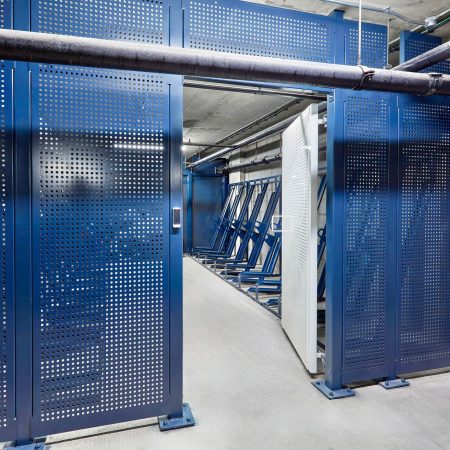blue and white perforated mesh fencing