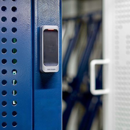 blue and white perforated mesh with swipe card key access